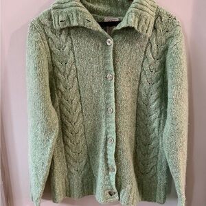 LL Bean Womens Sweater Fisherman Cardigan Cable Knit Wool Blend Green Medium Reg